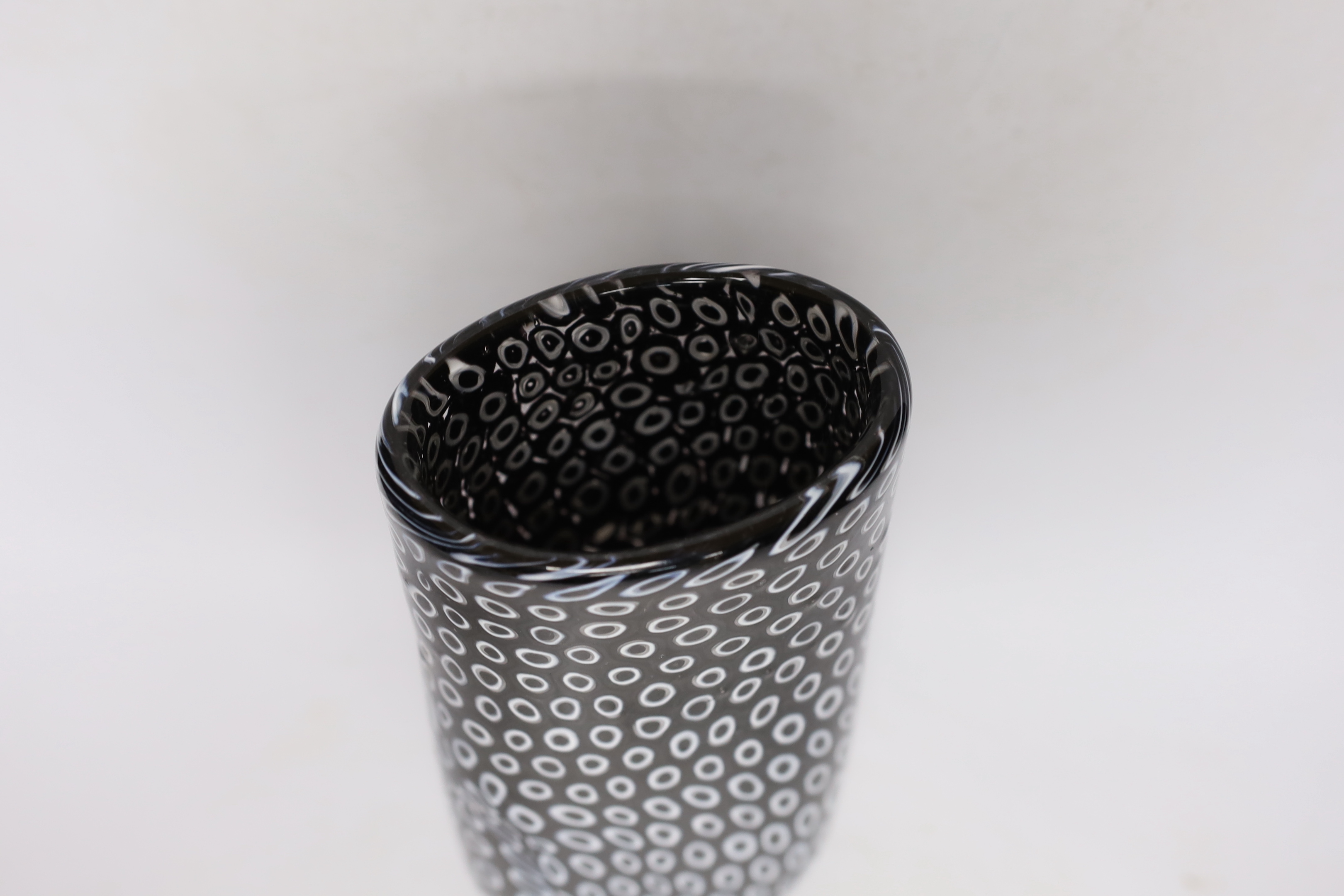 Vittorio Ferro (1932-2012) A Murano glass Murrine vase, with a white on black peacock feather ‘’eye’’ design, unsigned, 28cm, Please note this lot attracts an additional import tax of 20% on the hammer price